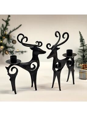 Vintage Black Metal Deer Candle Holders Pair Rustic Holiday Decor